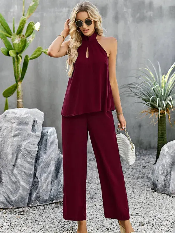 Elegant Women Casual Halterneck Two-Piece Pants Set