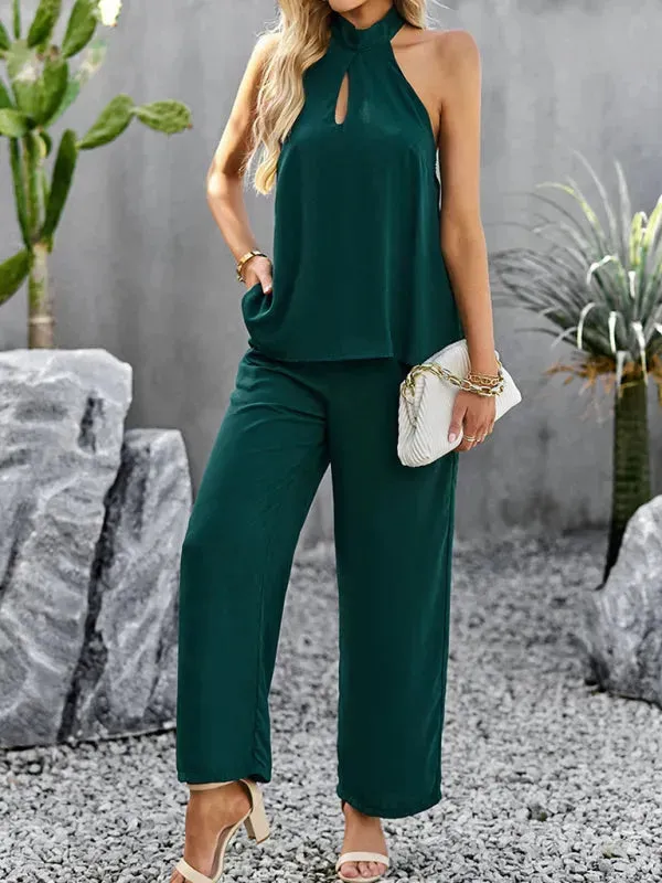 Elegant Women Casual Halterneck Two-Piece Pants Set