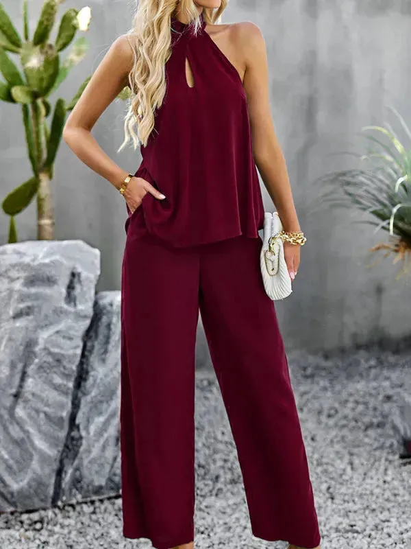 Elegant Women Casual Halterneck Two-Piece Pants Set