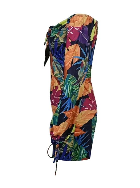 Ladies' Long Sleeved Vacation Elegant And Fashionable Plant Printed Cuffs With Drawstring Design. Chest Strap. Jumpsuit