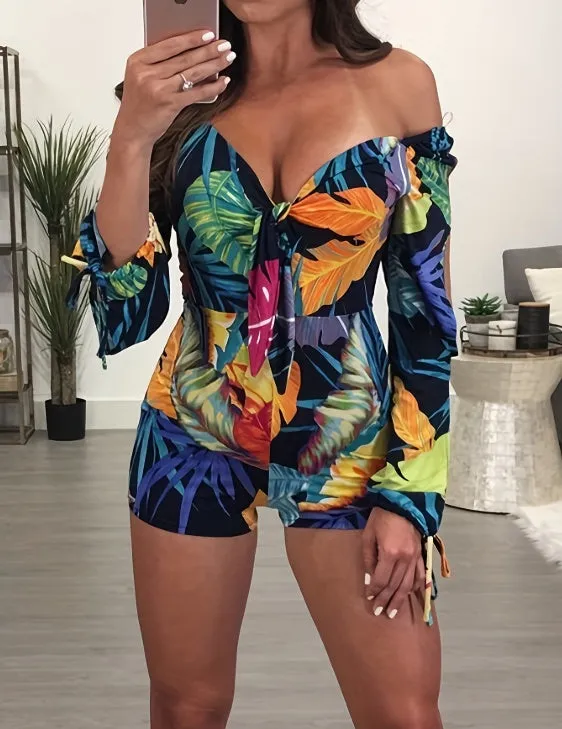 Ladies' Long Sleeved Vacation Elegant And Fashionable Plant Printed Cuffs With Drawstring Design. Chest Strap. Jumpsuit