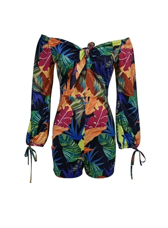 Ladies' Long Sleeved Vacation Elegant And Fashionable Plant Printed Cuffs With Drawstring Design. Chest Strap. Jumpsuit