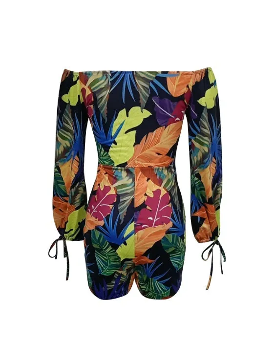 Ladies' Long Sleeved Vacation Elegant And Fashionable Plant Printed Cuffs With Drawstring Design. Chest Strap. Jumpsuit