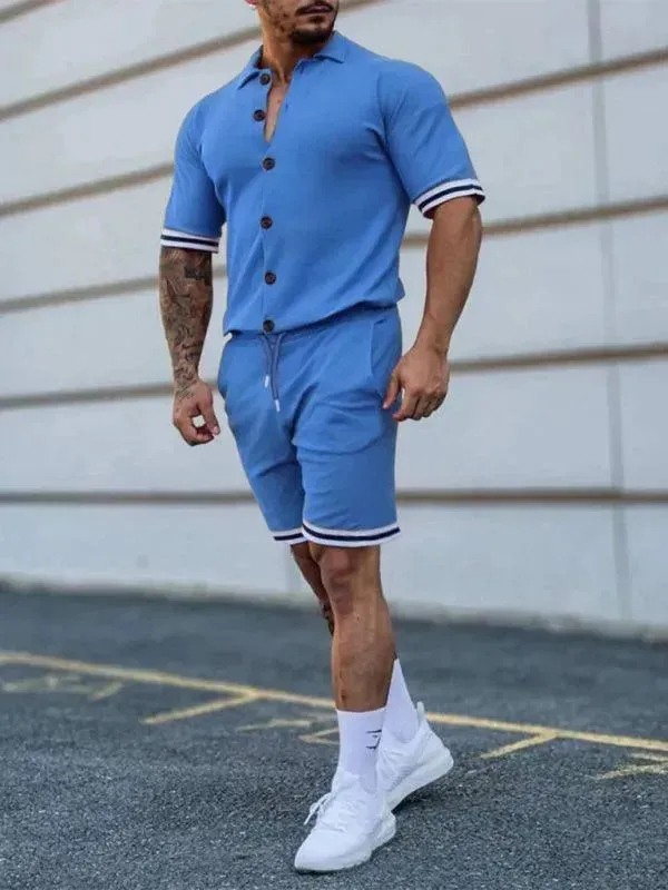 Men Minimalist Contrast Casual Shorts Set