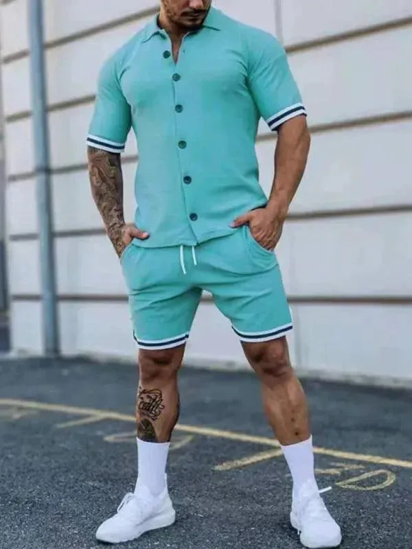 Men Minimalist Contrast Casual Shorts Set