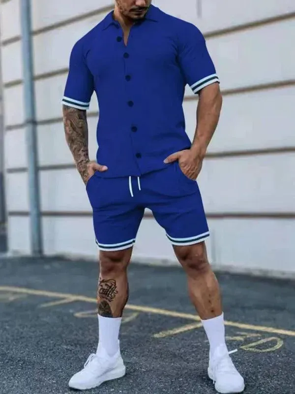 Men Minimalist Contrast Casual Shorts Set