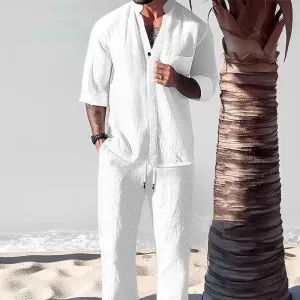 Men Relaxed Casual Linen Two-Piece Set