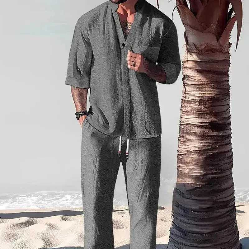 Men Relaxed Casual Linen Two-Piece Set