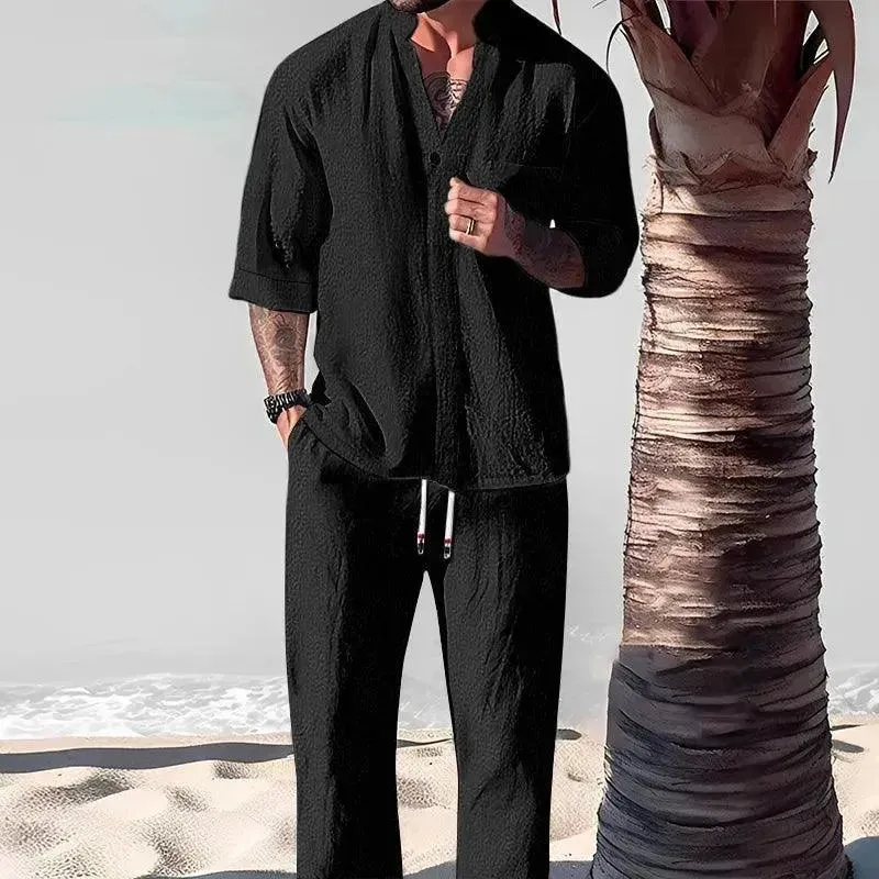 Men Relaxed Casual Linen Two-Piece Set