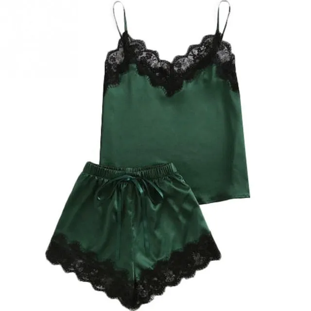 New Women Pajamas Set Elegant Lace Satin Spaghetti Strap Clothes Summer Sleepwear Top   Shorts Pajamas Set