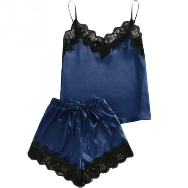 New Women Pajamas Set Elegant Lace Satin Spaghetti Strap Clothes Summer Sleepwear Top   Shorts Pajamas Set