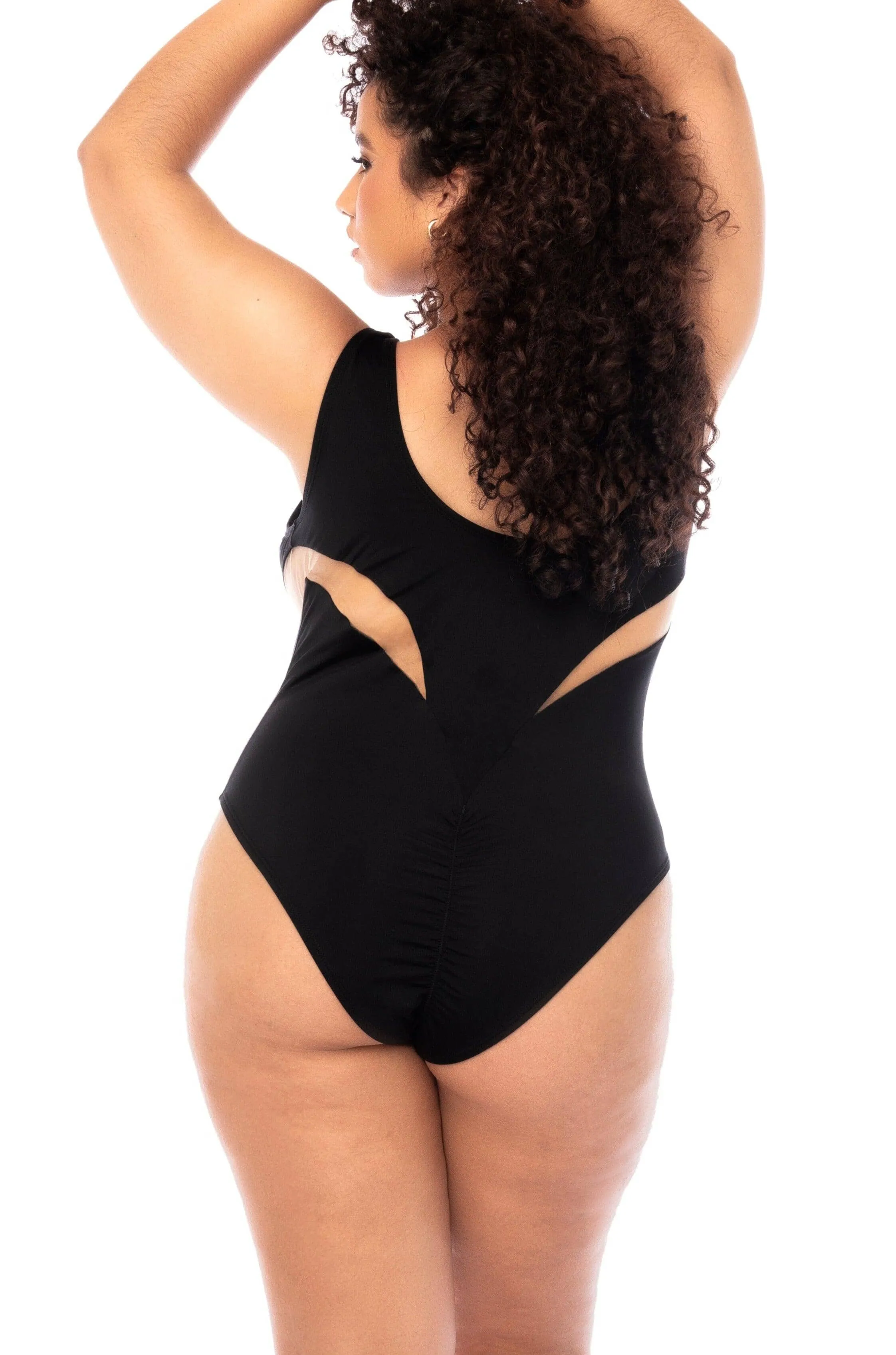 One Piece Swimsuit with Sheer Mesh Contrast