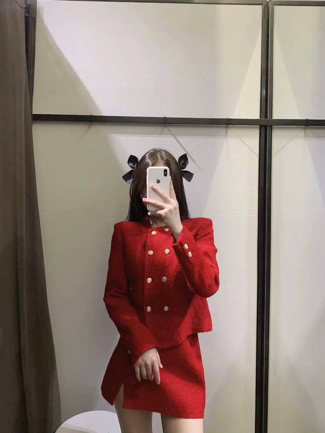 Textured Woolen Short Double Breasted Blazer Split Skirt