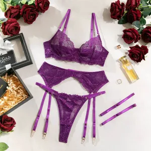 Women's Lingerie 4 Piece Garter Lingerie Floral Lace Bra and Panty Sets with Underwire S-XL