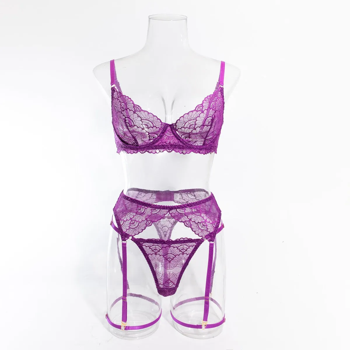 Women's Lingerie 4 Piece Garter Lingerie Floral Lace Bra and Panty Sets with Underwire S-XL