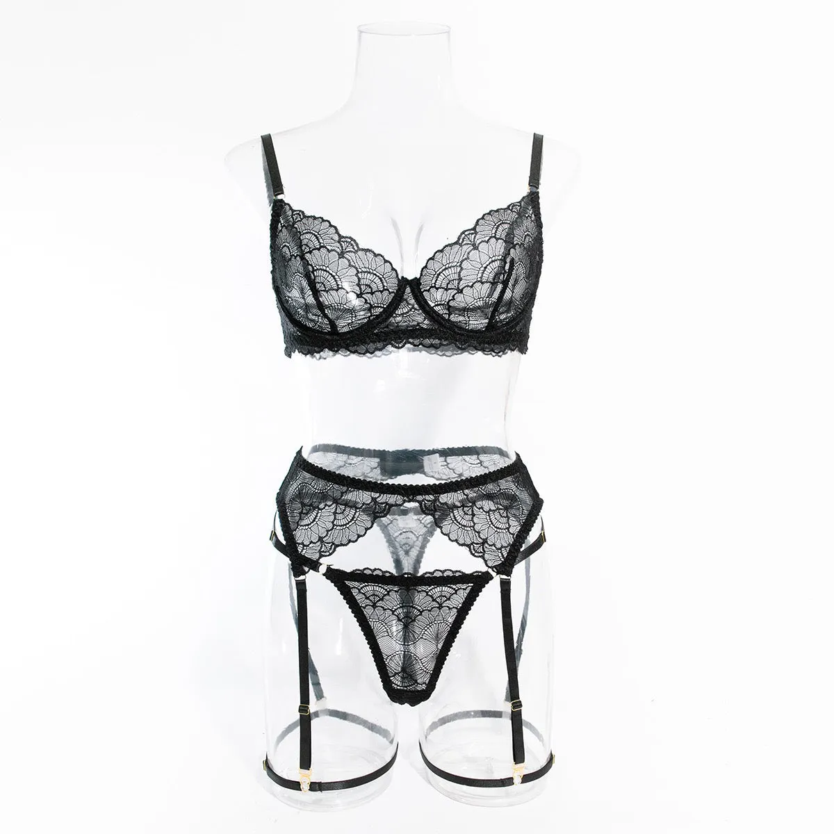 Women's Lingerie 4 Piece Garter Lingerie Floral Lace Bra and Panty Sets with Underwire S-XL