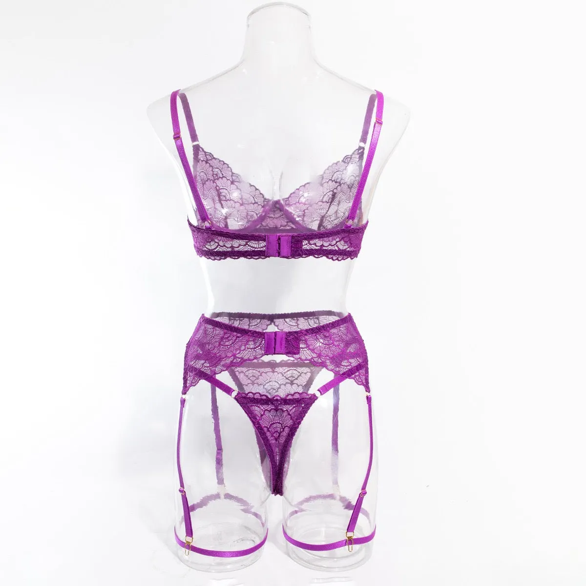 Women's Lingerie 4 Piece Garter Lingerie Floral Lace Bra and Panty Sets with Underwire S-XL
