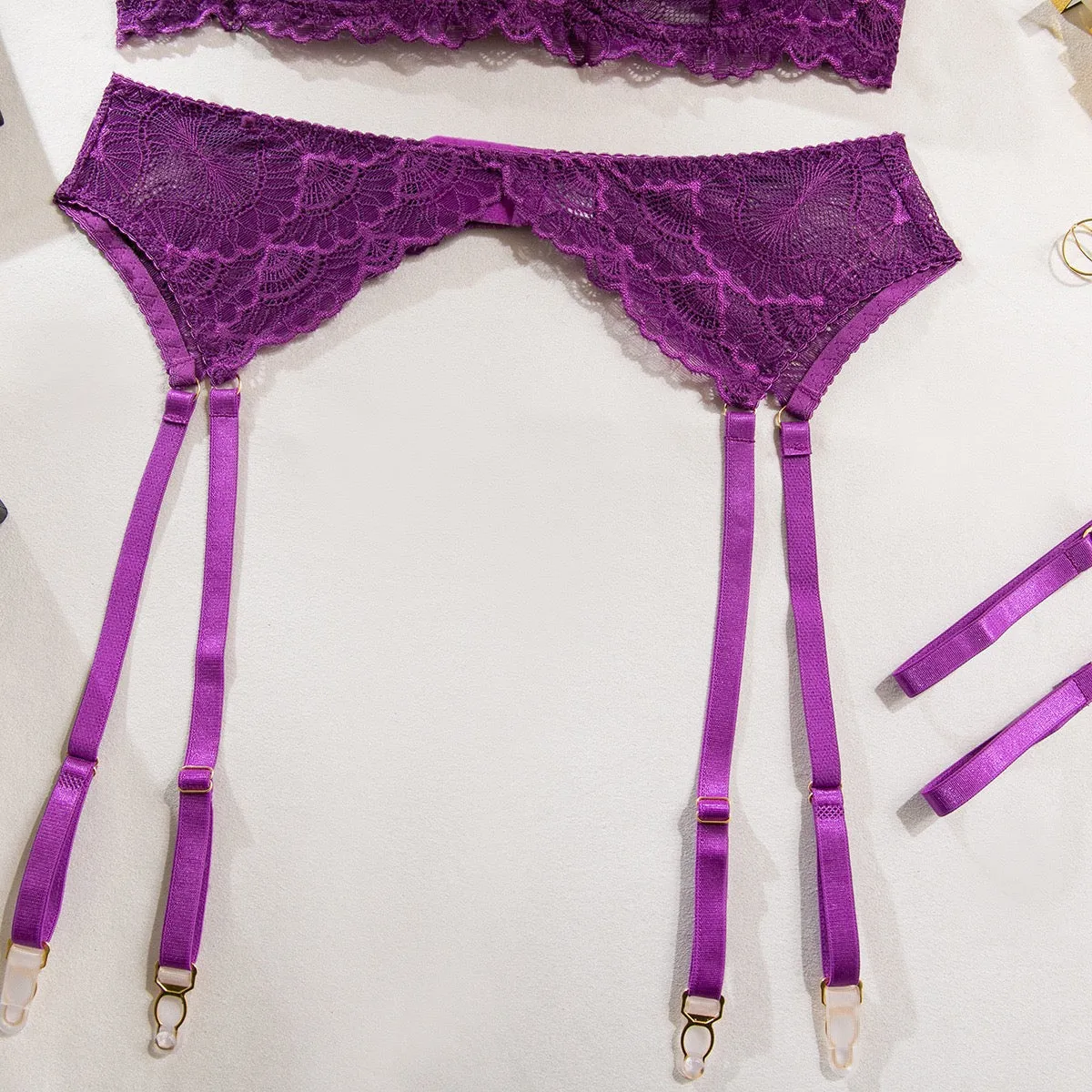 Women's Lingerie 4 Piece Garter Lingerie Floral Lace Bra and Panty Sets with Underwire S-XL