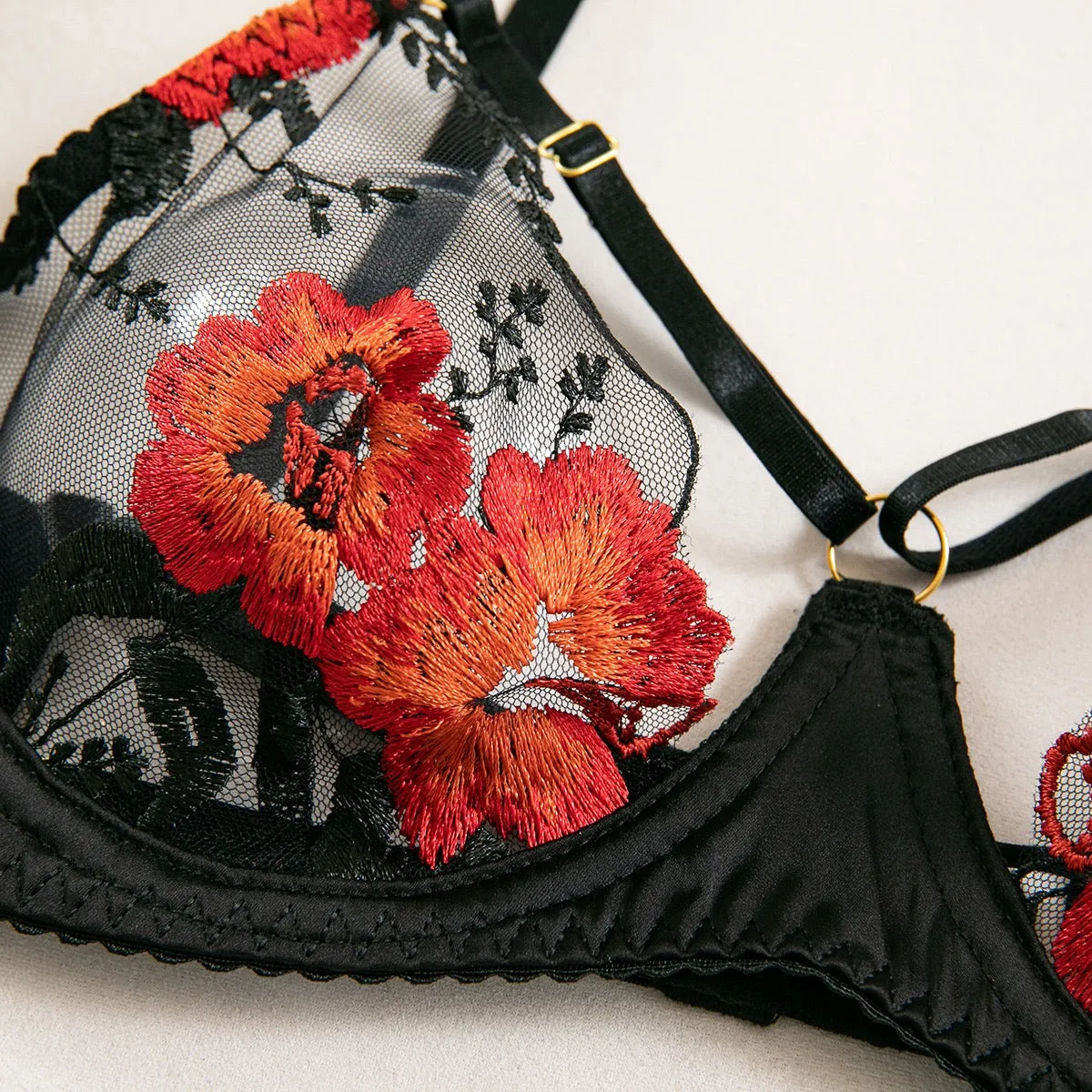 Women's Underwire Lingerie Set Floral Embroidered Lace Bra and Thong Set with Garter Belt