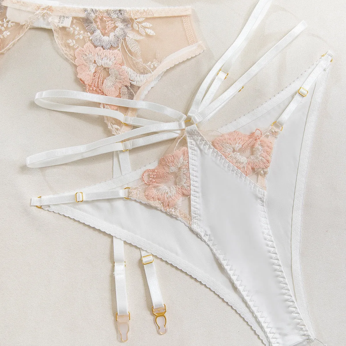Women's Underwire Lingerie Set Floral Embroidered Lace Bra and Thong Set with Garter Belt