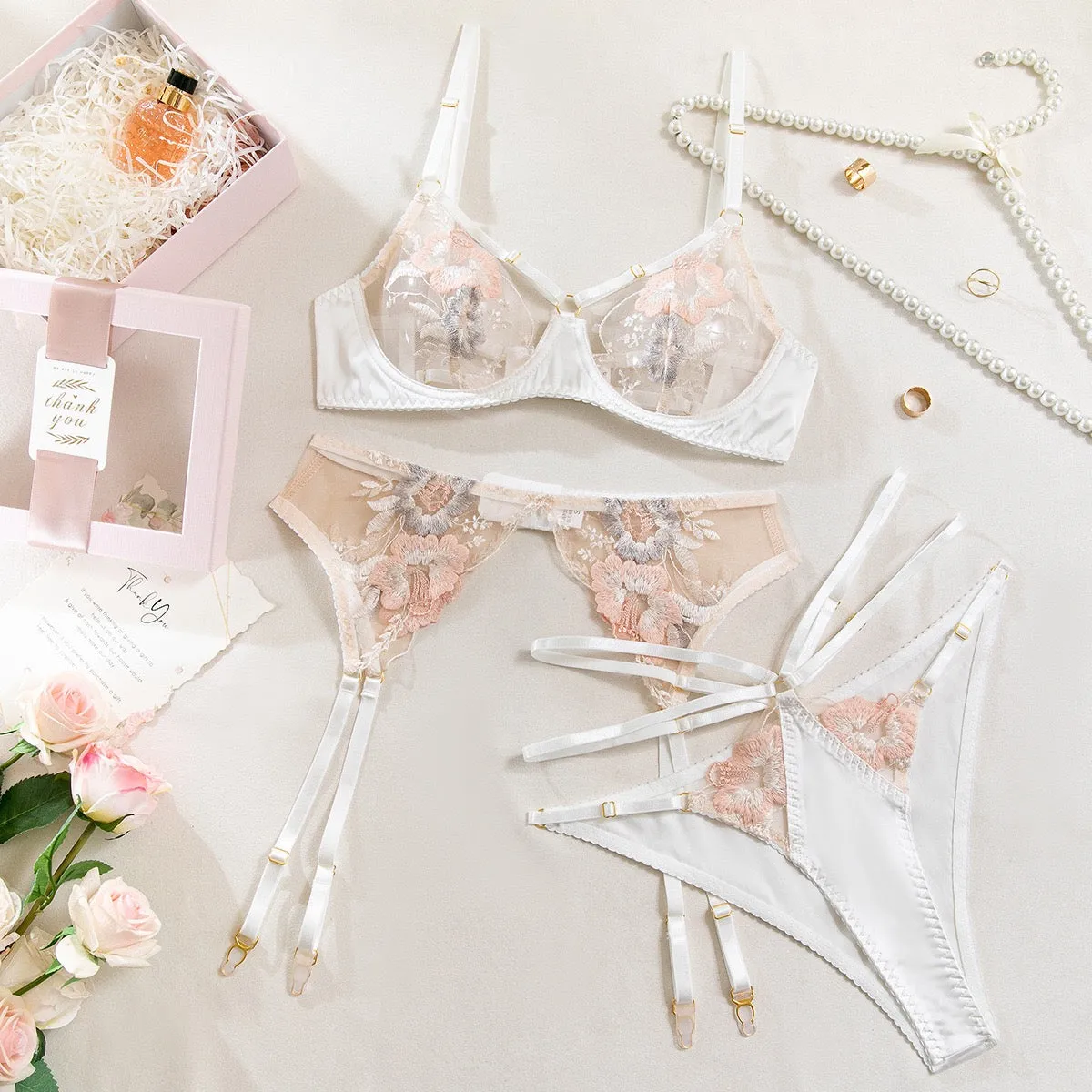 Women's Underwire Lingerie Set Floral Embroidered Lace Bra and Thong Set with Garter Belt