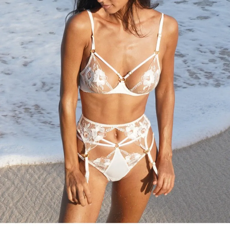 Women's Underwire Lingerie Set Floral Embroidered Lace Bra and Thong Set with Garter Belt