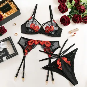 Women's Underwire Lingerie Set Floral Embroidered Lace Bra and Thong Set with Garter Belt